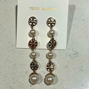 Tory Burch Pearl Dangle Logo Earrings NEW